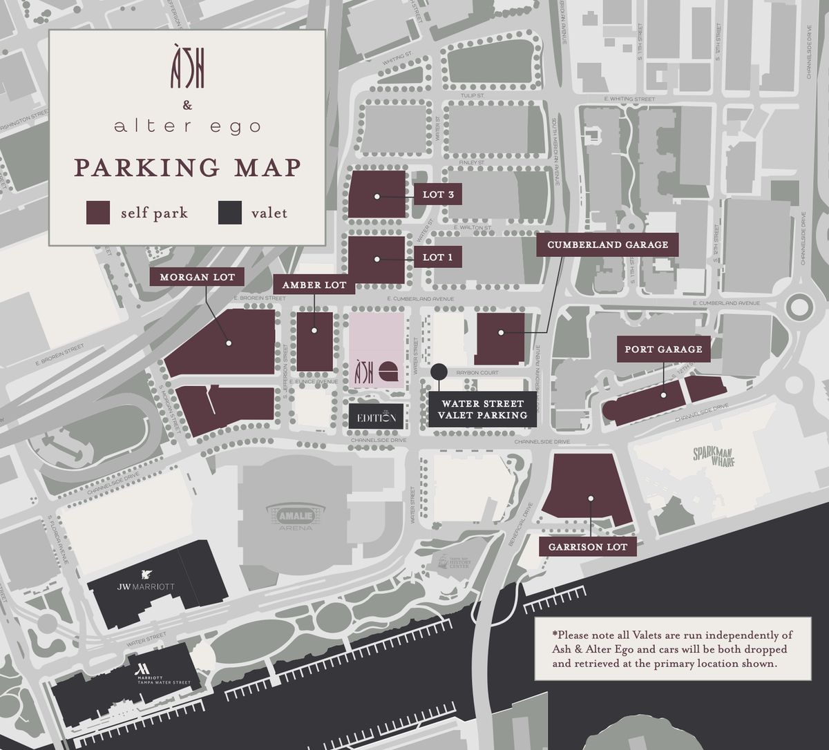 Map of parking areas around Water Street Tampa near Alter Ego